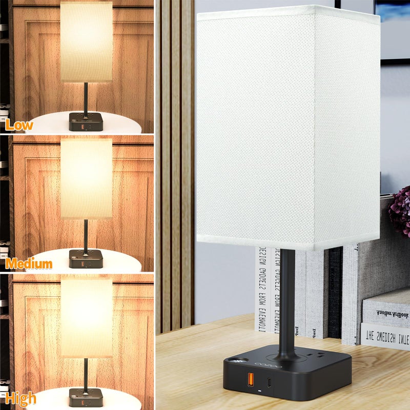 COZOO 3 Way Dimmable Touch Bedside Table Lamp with 2 USB Charging Ports 2 Outlets Power Strip,Black Charger Base White Fabric Shade,LED Desk Night Light for Bedroom/Nightstand/Living Room/College Dorm - Image 3